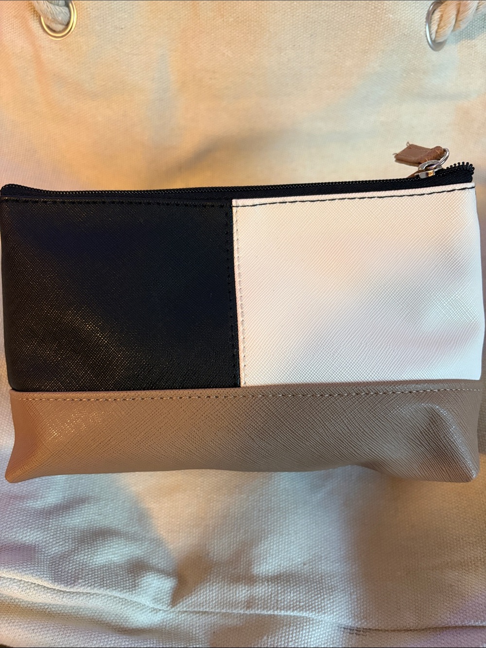Colorblock Cosmetic Pouch in Black, White & Tan
